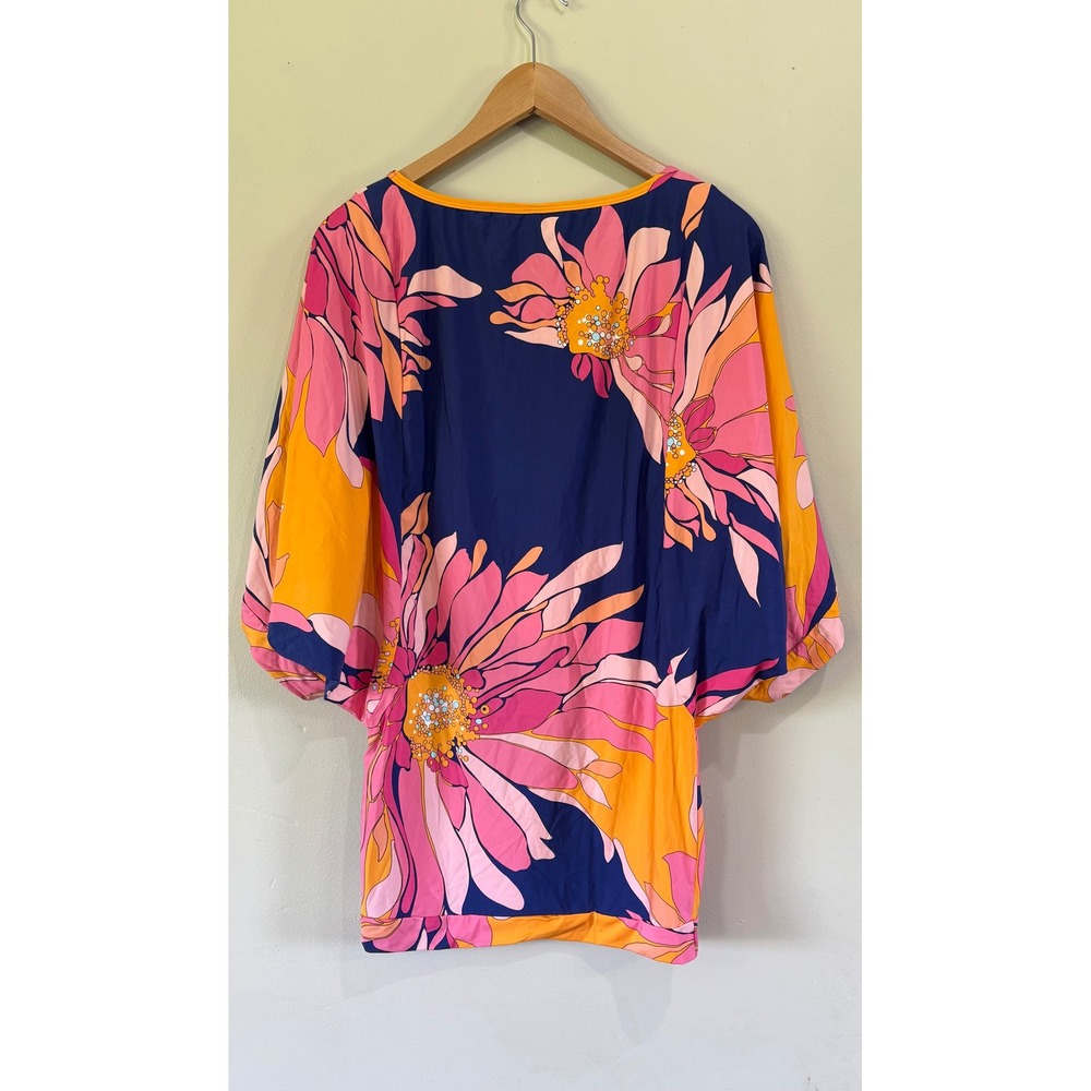 Trina Turk Womens 4 Luv Dress Tunic Top Pink Navy Orange Floral Wide Sleeve Boho - Picture 2 of 7